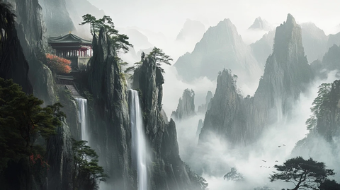 庐山瀑布与古松