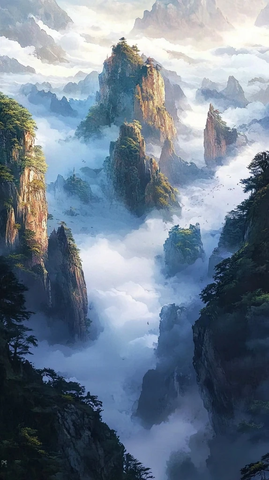 无尽山脉水墨画