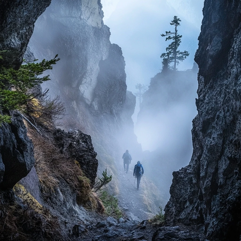 迷雾中的险峻徒步
