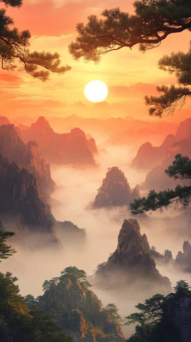 日落山峦与松树