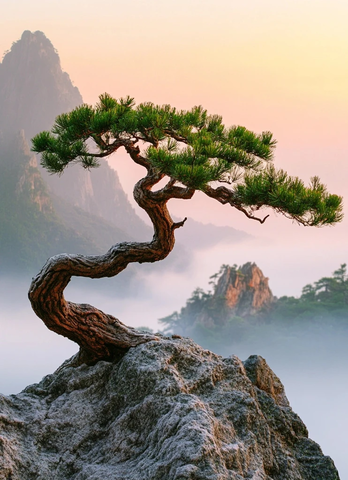 山边老松树日落雾景