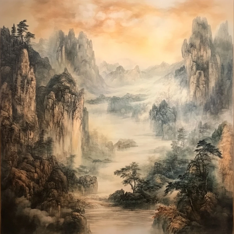 山水画中的古松与流水