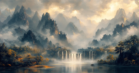 山水瀑布草原小屋