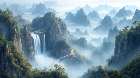 山间瀑布与蜿蜒小径