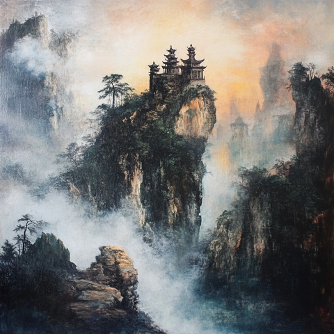 山水画中的古桥与松树