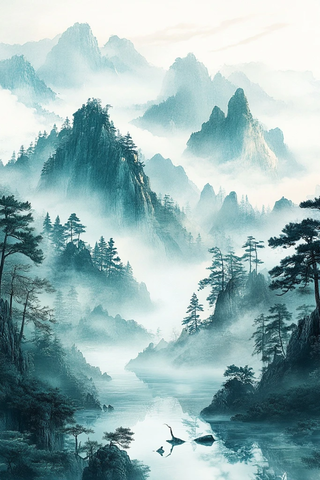 青绿山水松云图