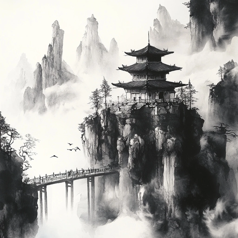 山水墨画中的寺庙