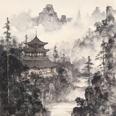 山水画中的塔与河流