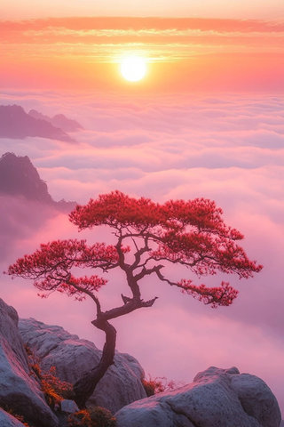 华山日出红叶树