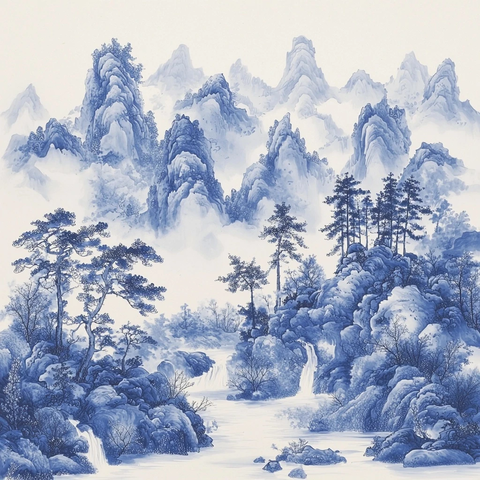 山水蓝白瓷画