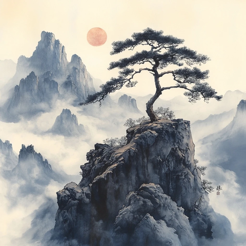 黄山松树水墨画