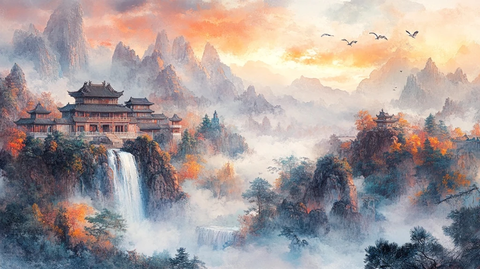 山中古建筑与瀑布