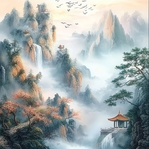 山水瀑布古树石桥