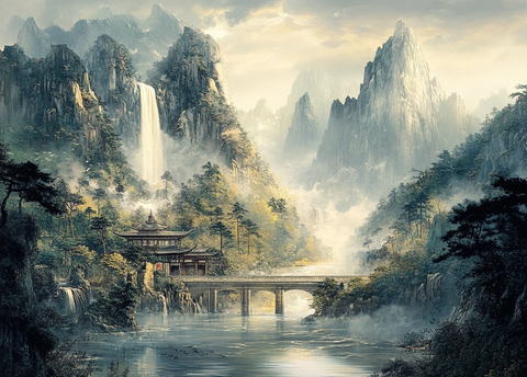 山水瀑布古村松桥