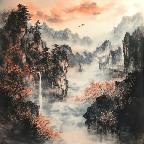 山水画中的古桥与松树