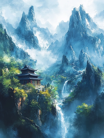 山水画卷中的学者与村庄