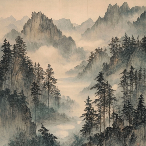 云雾山林水墨画