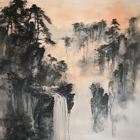 山水画中的古桥与流水