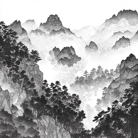 日本自然风景黑白线描