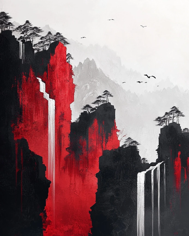 红岩瀑布水墨画