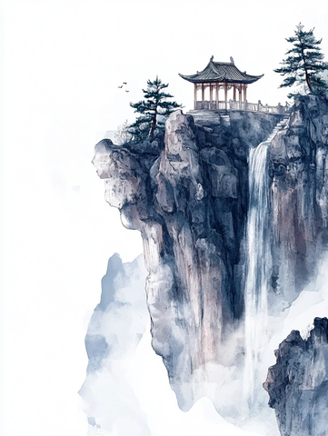 山间小亭瀑布松