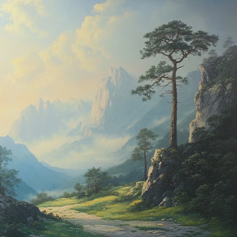 湖边小屋与树木