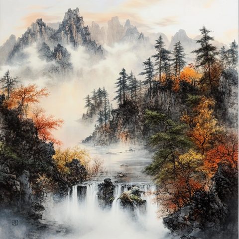 山水画中的松树与瀑布