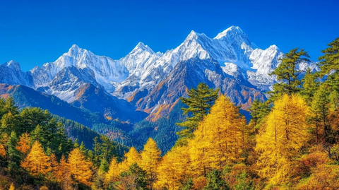 雪山松林秋叶蓝空