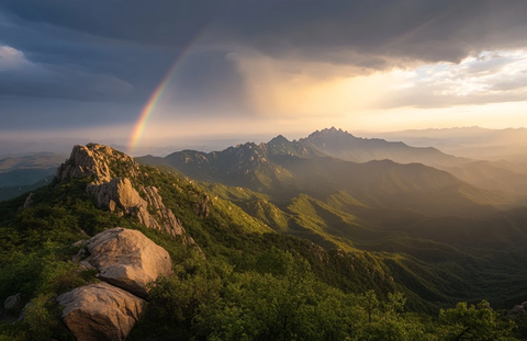 彩虹下的山峦与森林