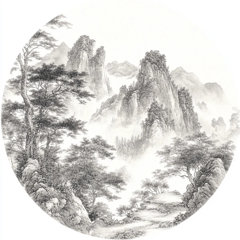 茶树林与山水线描