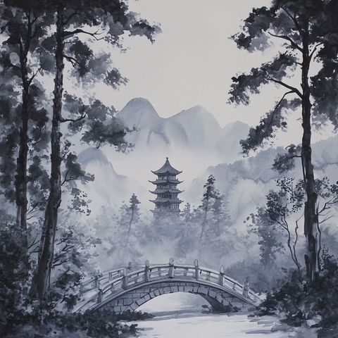 古桥晨雾七层塔