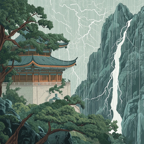 山雨中的中式建筑