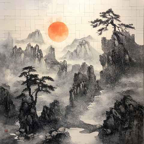 水墨山景太阳光环