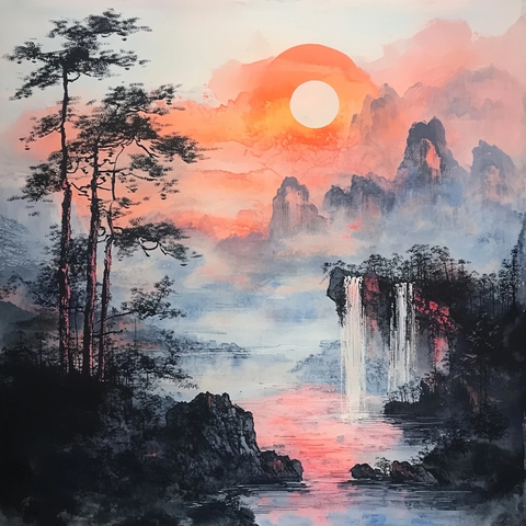 夕阳彩墨画