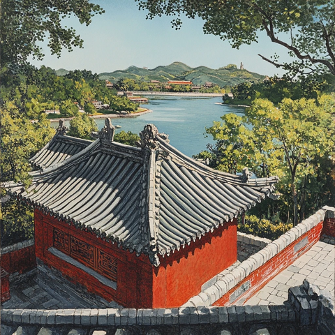 红墙灰瓦寺庙俯瞰湖景