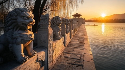 十七孔桥石狮日落