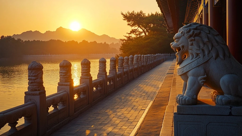 十七孔桥石狮夕阳