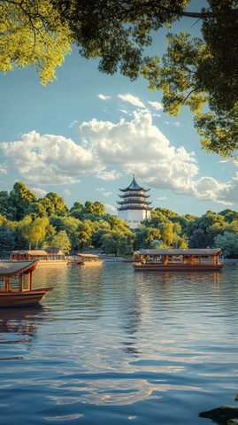 北海公园绿树海面白塔蓝天白云