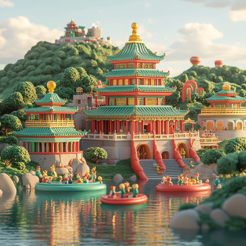 佛教香塔与湖上船只