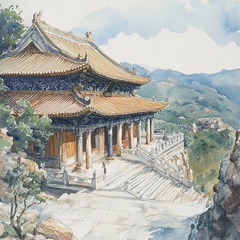 五台山佛光寺水彩插画