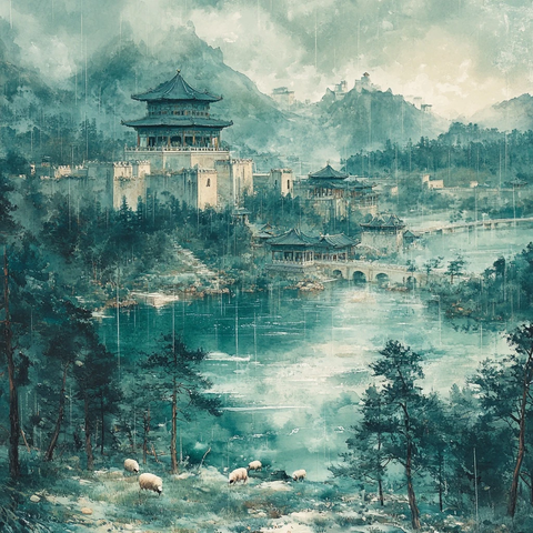 雨中山水松树羊群