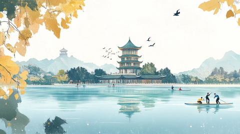 桨板滑行与古塔