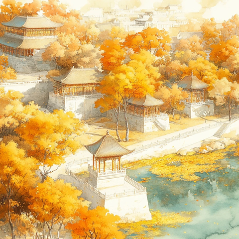 白玉墙古建筑枫树水边黄草