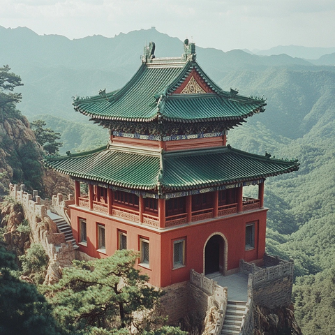 红墙绿瓦山顶建筑