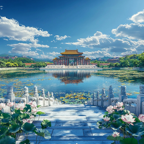 湖中宫殿与莲花