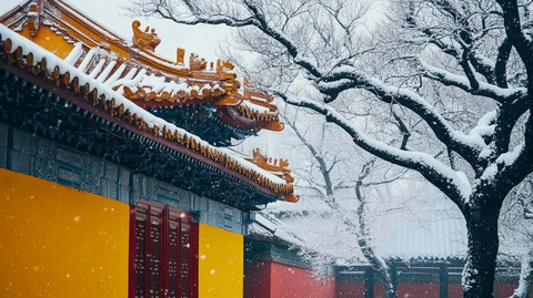 古代建筑黄色墙壁冬季