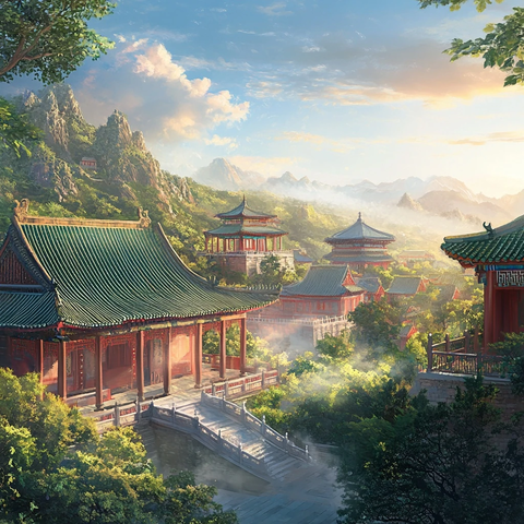 传统书院与蓝天绿树