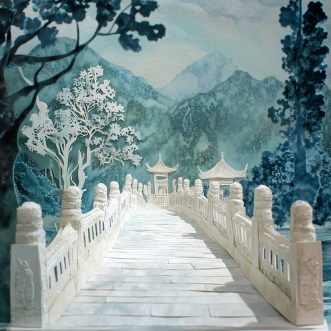 石桥上的中国风剪纸装置