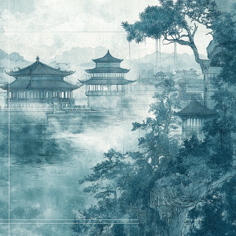 蓝白玉壁雨景古建