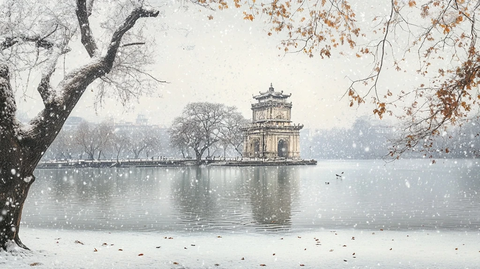 冬季湖面结冰的龟塔